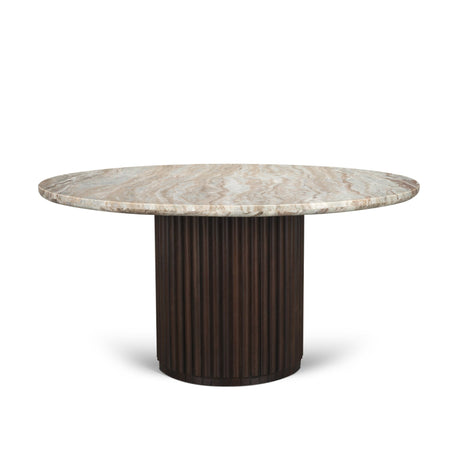 Marbrello Pink Marble Top Espresso Brown Fluted Wood Round Dining Table by Mercana at Eve Furniture
