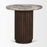 Marbrello Pink Marble Top Espresso Brown Fluted Wood Round Side Table by Mercana at Eve Furniture