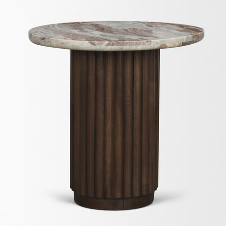 Marbrello Pink Marble Top Espresso Brown Fluted Wood Round Side Table by Mercana at Eve Furniture