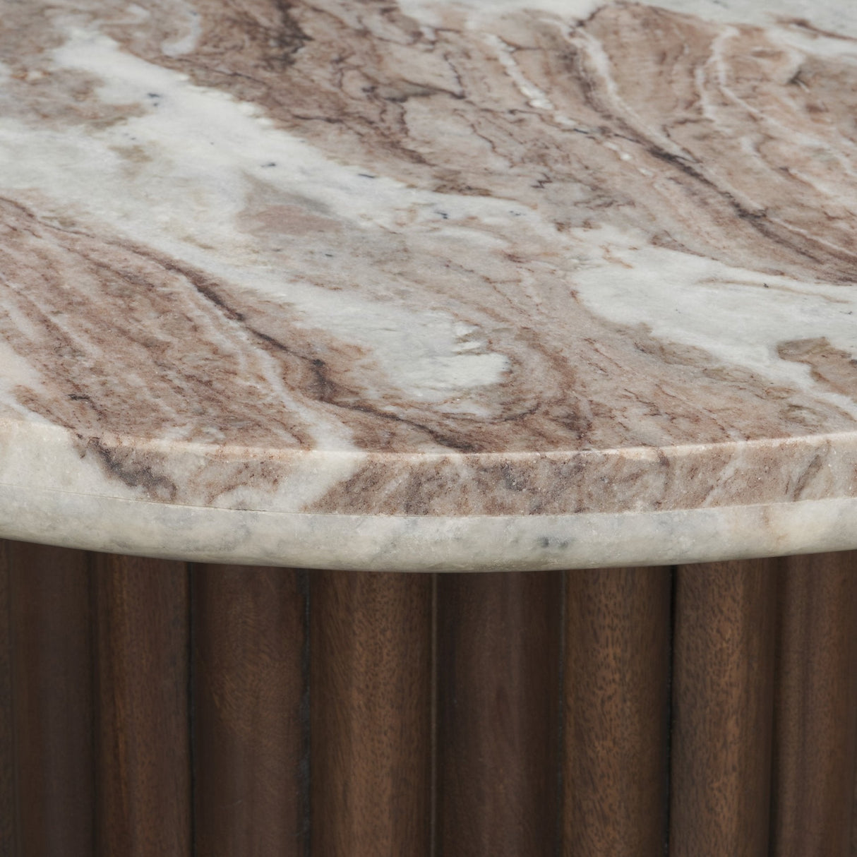 Marbrello Pink Marble Top Espresso Brown Fluted Wood Round Side Table by Mercana at Eve Furniture