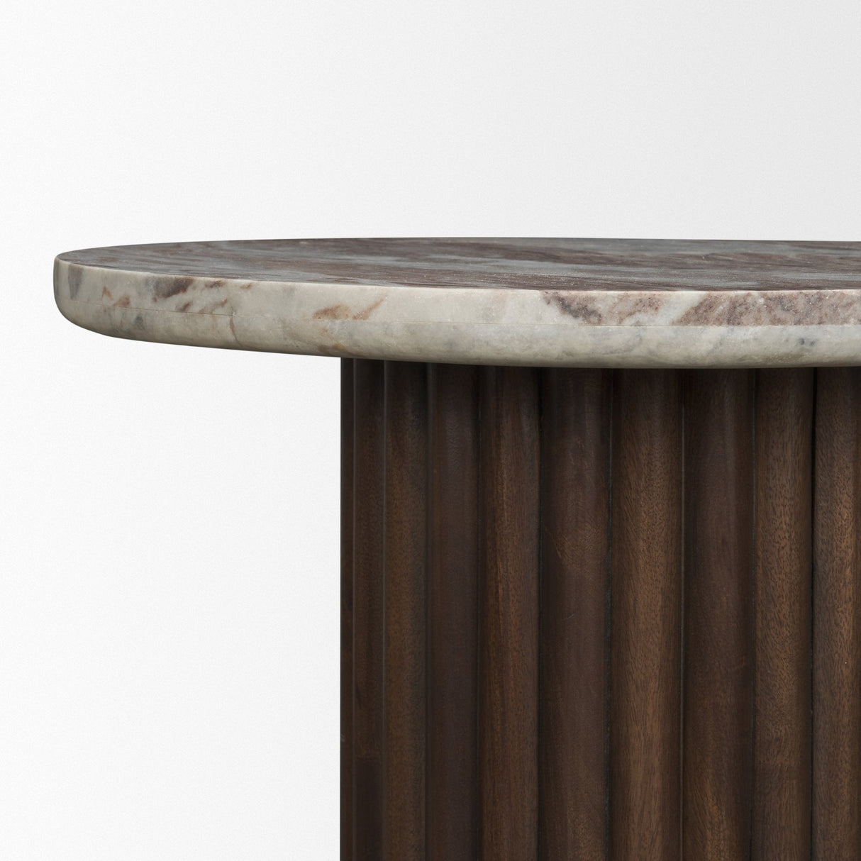 Marbrello Pink Marble Top Espresso Brown Fluted Wood Round Side Table by Mercana at Eve Furniture