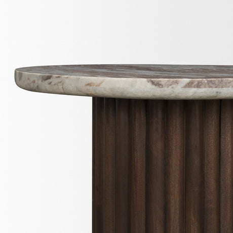 Marbrello Pink Marble Top Espresso Brown Fluted Wood Round Side Table by Mercana at Eve Furniture