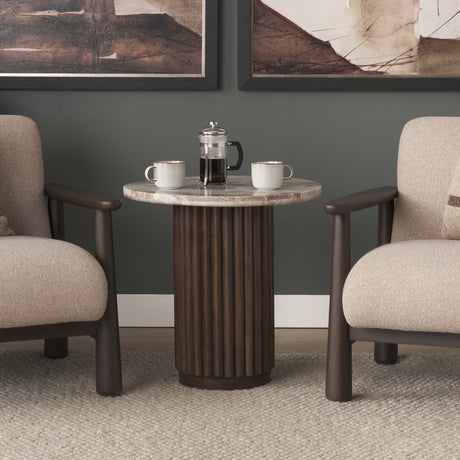 Marbrello Pink Marble Top Espresso Brown Fluted Wood Round Side Table by Mercana at Eve Furniture