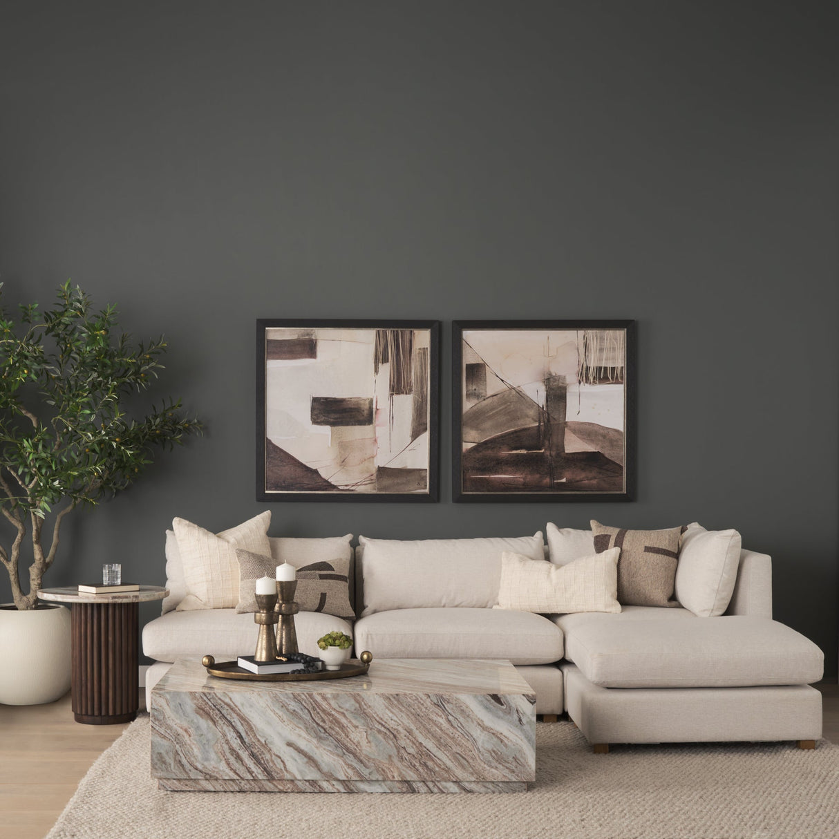 Marbrello Pink Marble Top Espresso Brown Fluted Wood Round Side Table by Mercana at Eve Furniture