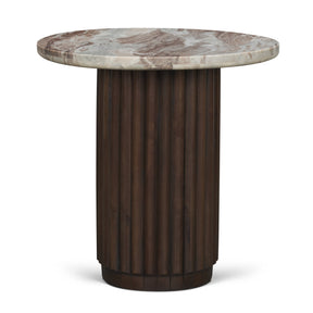 Marbrello Pink Marble Top Espresso Brown Fluted Wood Round Side Table by Mercana at Eve Furniture