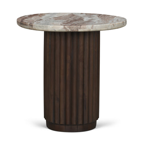 Marbrello Pink Marble Top Espresso Brown Fluted Wood Round Side Table by Mercana at Eve Furniture