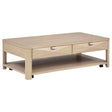 Marcelo Light Elm Wood Coffee Table with 2 Drawers and Shelf by Coaster at Eve Furniture