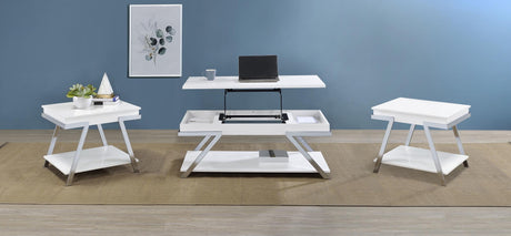 Marcia White 3-Piece High Gloss Lift Top Coffee and End Table Set by Coaster at Eve Furniture