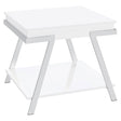 Marcia White High Gloss and Chrome Wood Rectangular End Table by Coaster at Eve Furniture