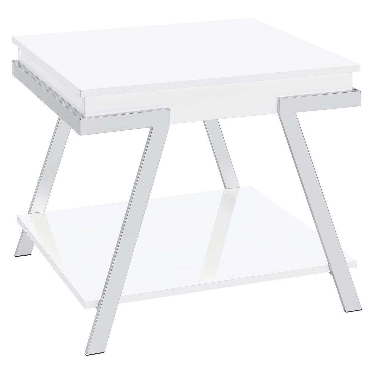 Marcia White High Gloss and Chrome Wood Rectangular End Table by Coaster at Eve Furniture