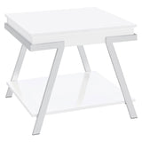 Marcia White High Gloss and Chrome Wood Rectangular End Table by Coaster at Eve Furniture