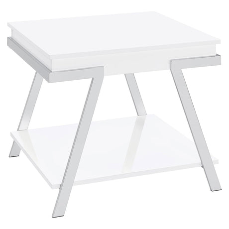 Marcia White High Gloss and Chrome Wood Rectangular End Table by Coaster at Eve Furniture