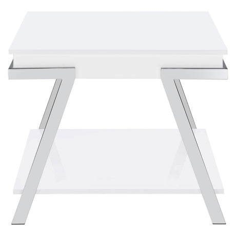 Marcia White High Gloss and Chrome Wood Rectangular End Table by Coaster at Eve Furniture