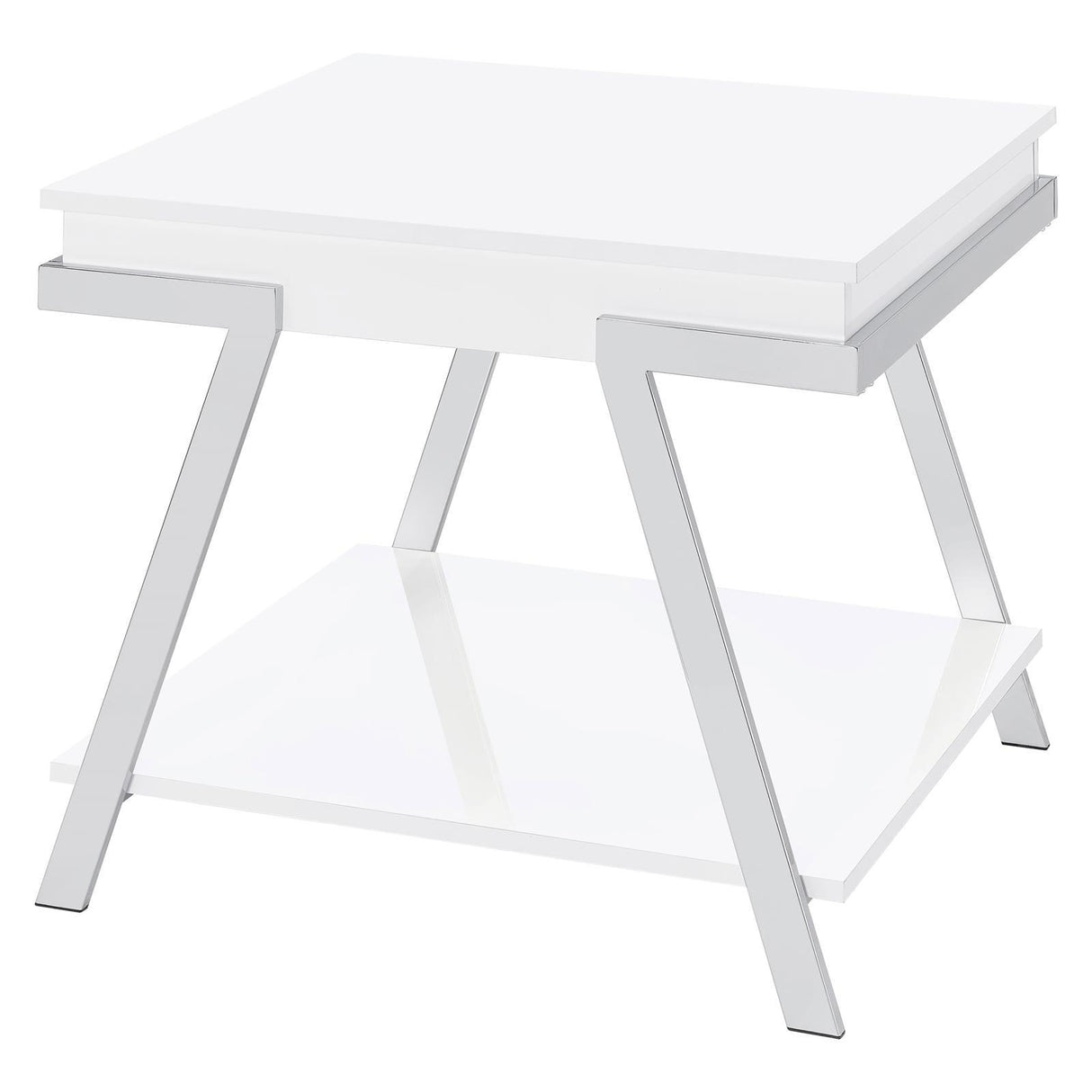 Marcia White High Gloss and Chrome Wood Rectangular End Table by Coaster at Eve Furniture