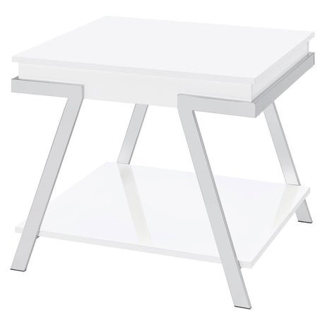 Marcia White High Gloss and Chrome Wood Rectangular End Table by Coaster at Eve Furniture
