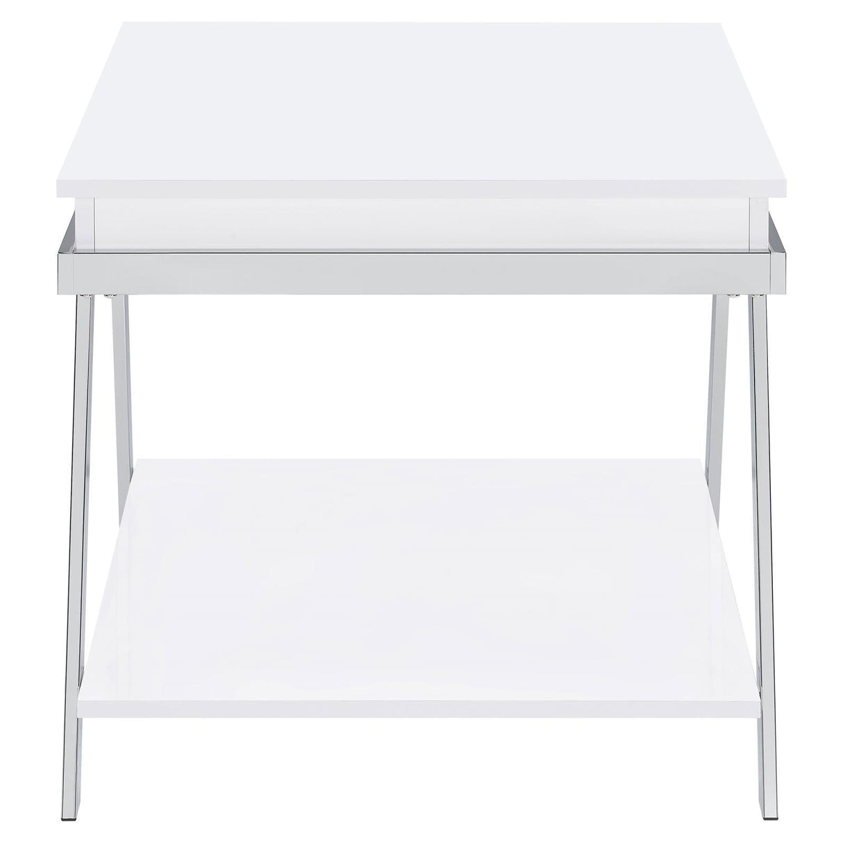 Marcia White High Gloss and Chrome Wood Rectangular End Table by Coaster at Eve Furniture