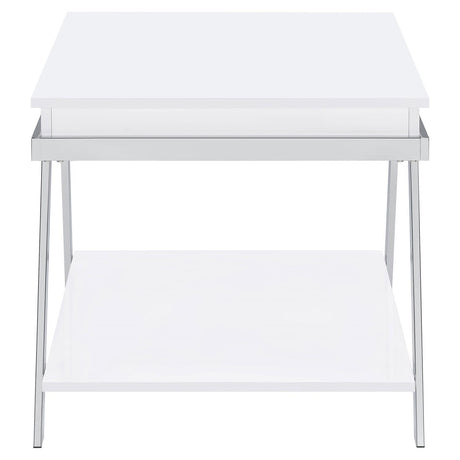 Marcia White High Gloss and Chrome Wood Rectangular End Table by Coaster at Eve Furniture