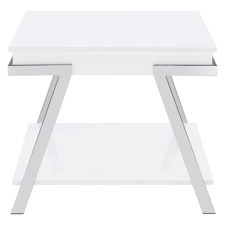 Marcia White High Gloss and Chrome Wood Rectangular End Table by Coaster at Eve Furniture