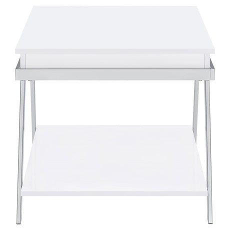 Marcia White High Gloss and Chrome Wood Rectangular End Table by Coaster at Eve Furniture