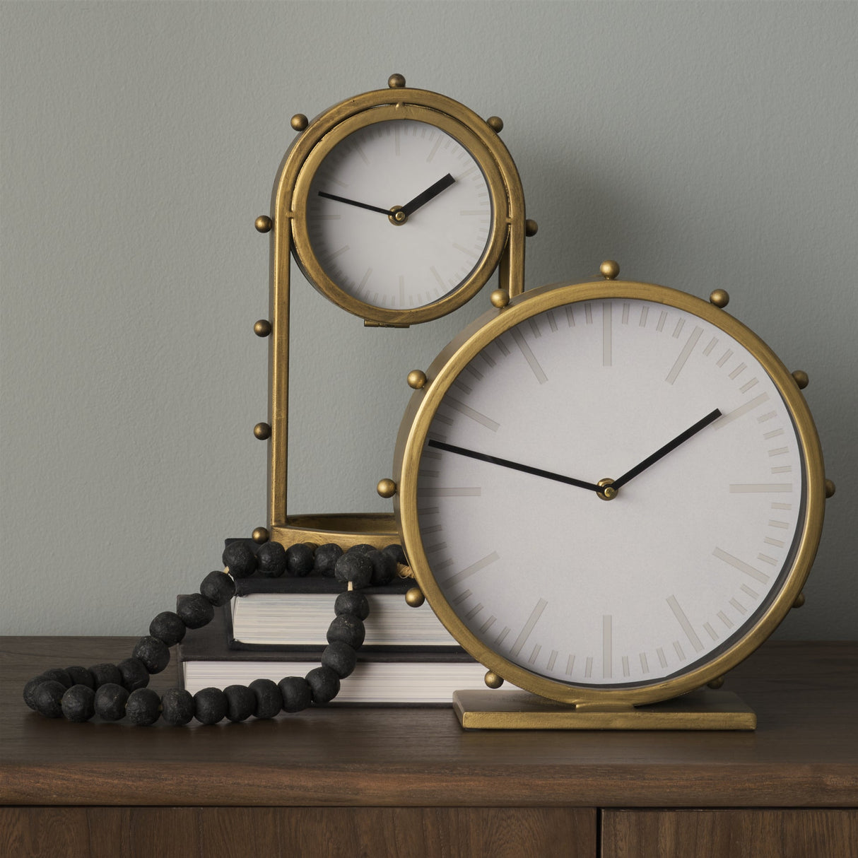 Marian 11.0L x 3.1W x 11.0H Gold Metal W/Studs Round Table Clock by Mercana at Eve Furniture