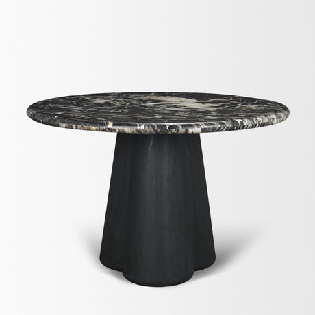 Marilyn Black Forest Marble Black Wood Pedestal Round Dining Table by Mercana at Eve Furniture