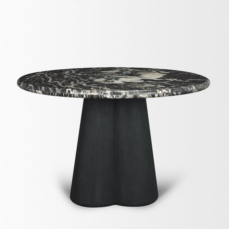 Marilyn Black Forest Marble Black Wood Pedestal Round Dining Table by Mercana at Eve Furniture