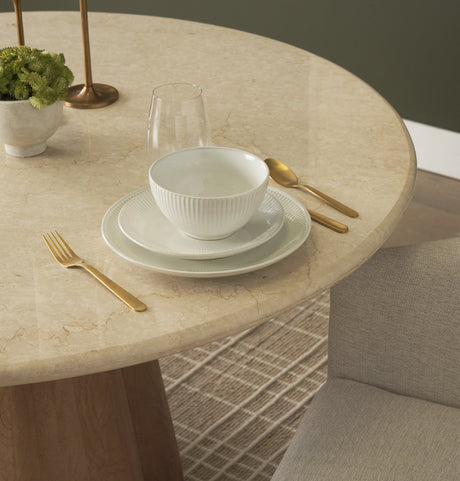 Marilyn Botticino Marble W/ Light Brown Wood Base Dining Table by Mercana at Eve Furniture
