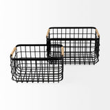 Marius (Set of 2) Matte Black Metal W/ Rope Trim Rectangular Baskets by Mercana at Eve Furniture