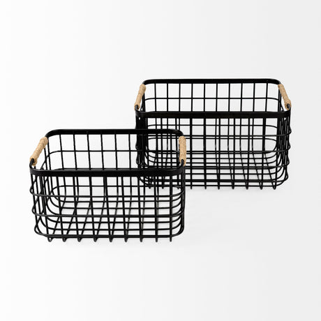 Marius (Set of 2) Matte Black Metal W/ Rope Trim Rectangular Baskets by Mercana at Eve Furniture
