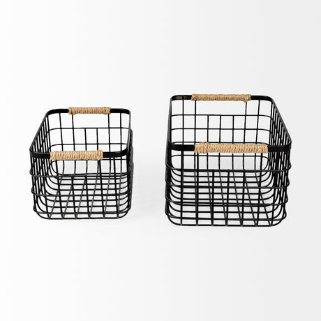 Marius (Set of 2) Matte Black Metal W/ Rope Trim Rectangular Baskets by Mercana at Eve Furniture