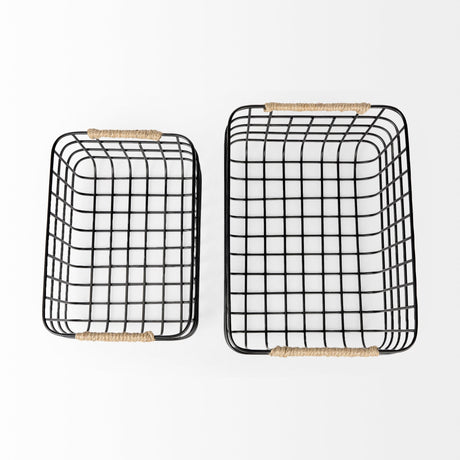 Marius (Set of 2) Matte Black Metal W/ Rope Trim Rectangular Baskets by Mercana at Eve Furniture
