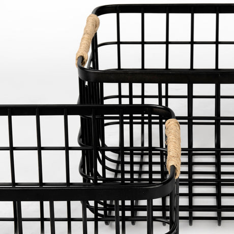 Marius (Set of 2) Matte Black Metal W/ Rope Trim Rectangular Baskets by Mercana at Eve Furniture