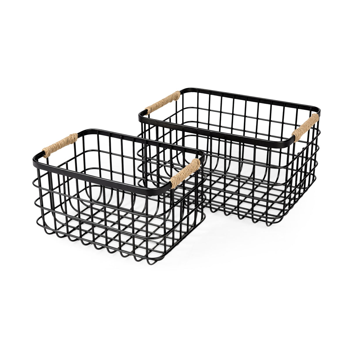 Marius (Set of 2) Matte Black Metal W/ Rope Trim Rectangular Baskets by Mercana at Eve Furniture