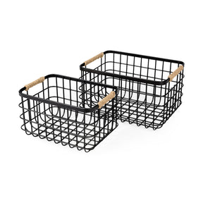 Marius (Set of 2) Matte Black Metal W/ Rope Trim Rectangular Baskets by Mercana at Eve Furniture