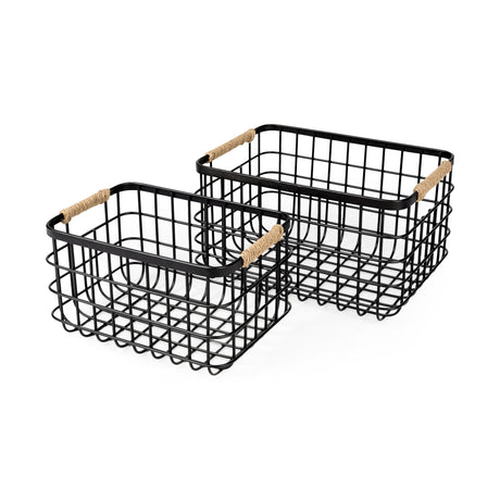 Marius (Set of 2) Matte Black Metal W/ Rope Trim Rectangular Baskets by Mercana at Eve Furniture