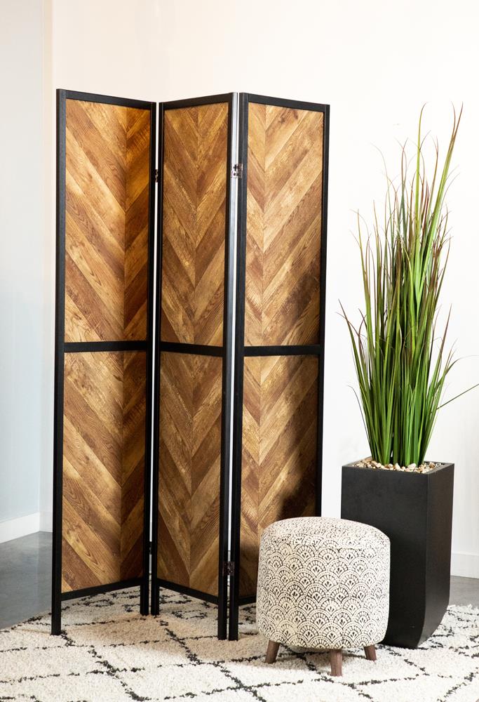 Marlene Herringbone Pattern 3-Panel Screen Rustic Tobacco/Black