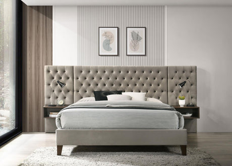 Marley Light Brown Upholstered Queen Platform Bed with Headboard Panels by Coaster at Eve Furniture