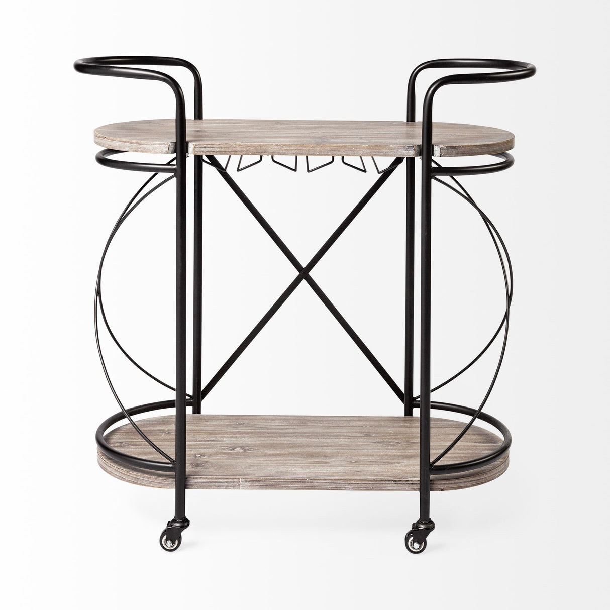 Marlon Black Metal Frame Two Tier Shelves w/Stemware holder Bar Cart by Mercana at Eve Furniture