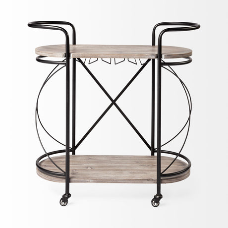 Marlon Black Metal Frame Two Tier Shelves w/Stemware holder Bar Cart by Mercana at Eve Furniture