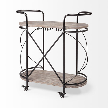 Marlon Black Metal Frame Two Tier Shelves w/Stemware holder Bar Cart by Mercana at Eve Furniture