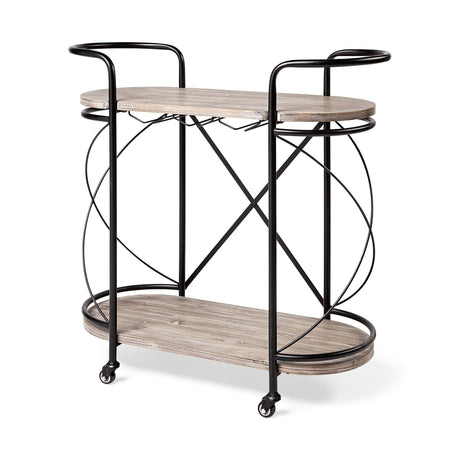 Marlon Black Metal Frame Two Tier Shelves w/Stemware holder Bar Cart by Mercana at Eve Furniture