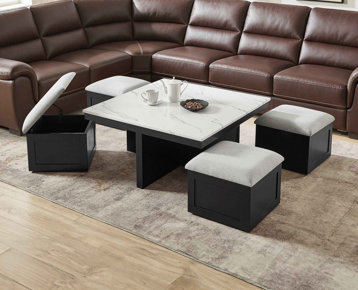 Marta Light Gray Coffee Table with 4 Storage Ottomans