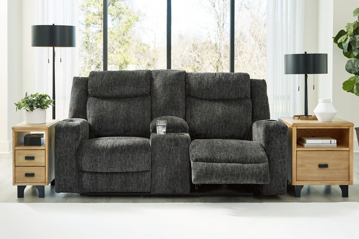 Martinglenn Ebony Reclining Loveseat with Console