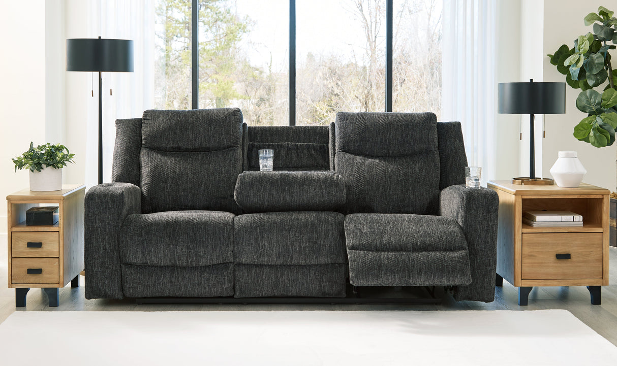 Martinglenn Ebony Reclining Sofa with Drop Down Table