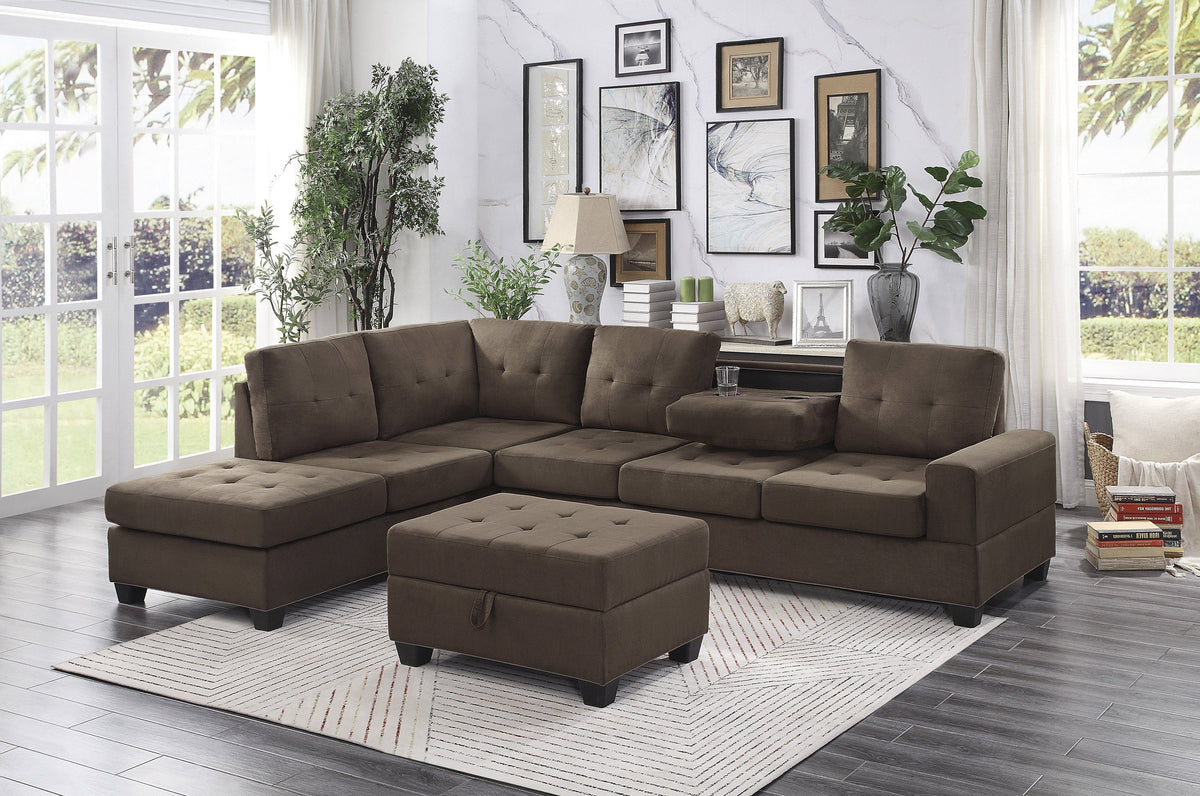 Maston Chocolate 3-Piece Reversible Sectional with Drop-Down Cup Holders and Storage Ottoman by Homelegance at Eve Furniture