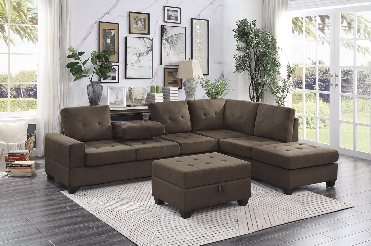 Maston Chocolate 3-Piece Reversible Sectional with Drop-Down Cup Holders and Storage Ottoman by Homelegance at Eve Furniture