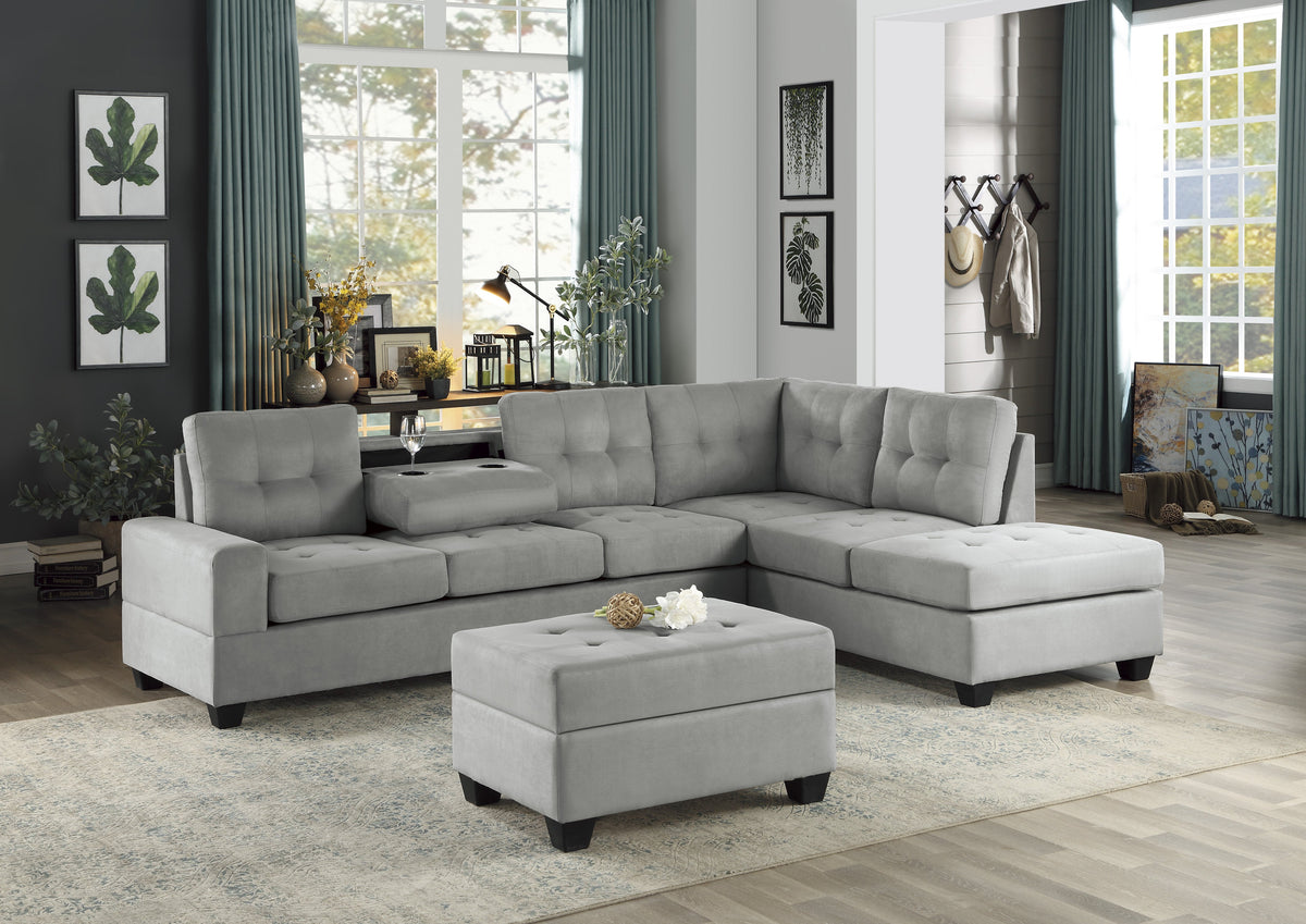 Maston Gray 2-Piece Reversible Sectional with Drop-Down Cup Holders and Storage Ottoman by Homelegance at Eve Furniture