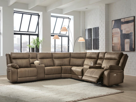 Max-Momentum Biscotti 7-Piece Power Reclining Sectional with Audio Consoles by Ashley at Eve Furniture