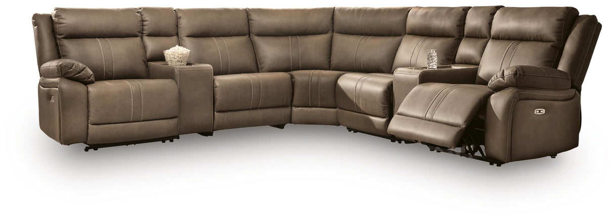 Max-Momentum Biscotti 7-Piece Power Reclining Sectional with Audio Consoles by Ashley at Eve Furniture