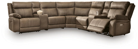 Max-Momentum Biscotti 7-Piece Power Reclining Sectional with Audio Consoles by Ashley at Eve Furniture
